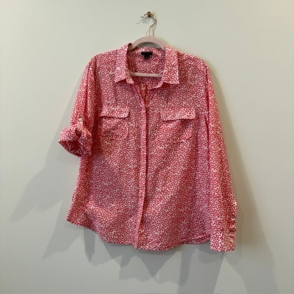 Ann Taylor Polka Dot 100% Silk Button Down Blouse Roll Tab Sleeves | Size 16 - Picture 8 of 10
